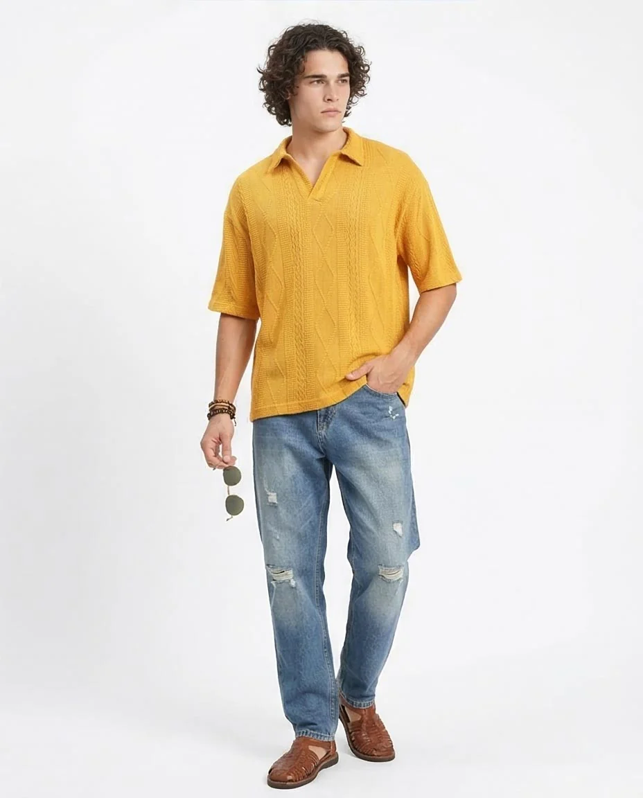 Ravin Men’s Relaxed-Fit Textured Cable-Knit Polo Shirt – Mustard Yellow - R214890 - Image 5
