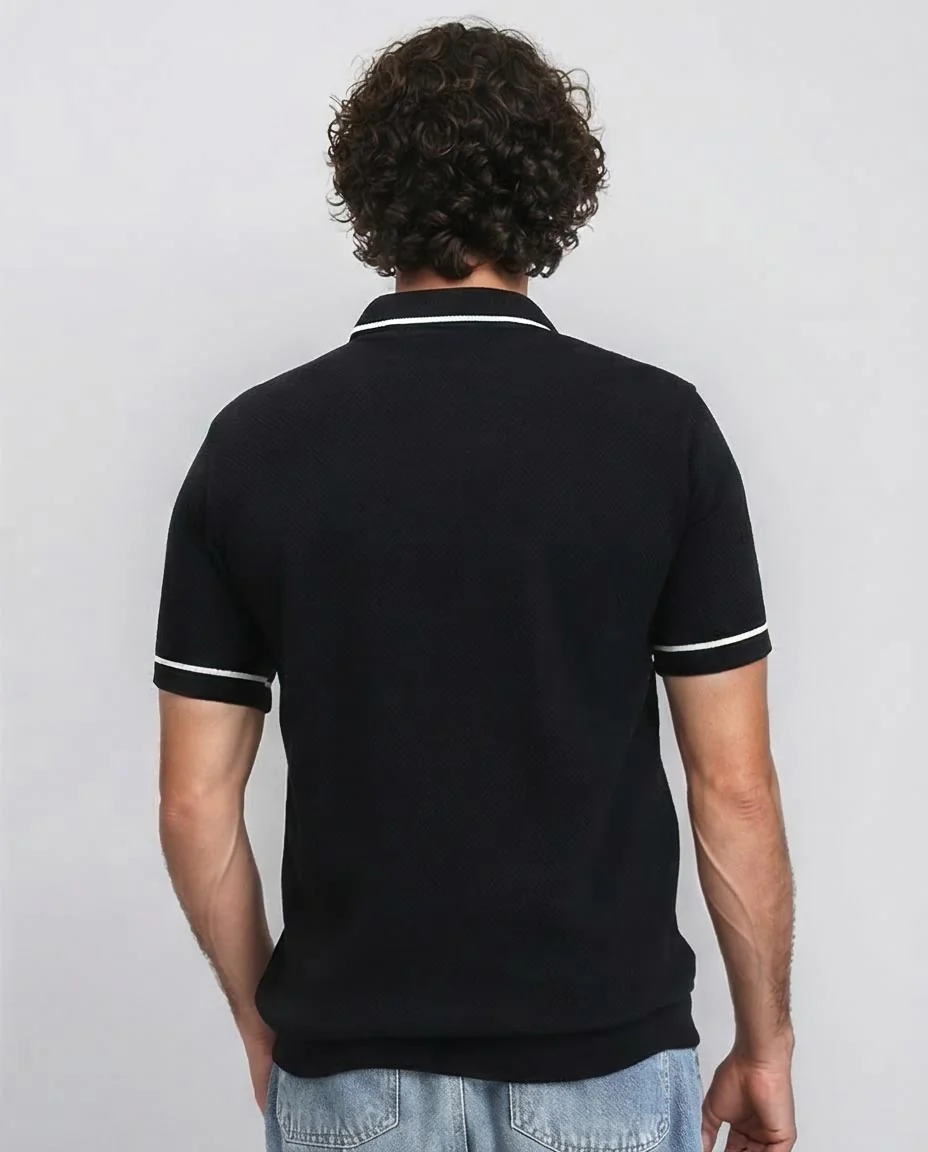 Ravin Men’s Textured Honeycomb Zip-Polo with Contrast Tipping – Black - R213032 - Image 2
