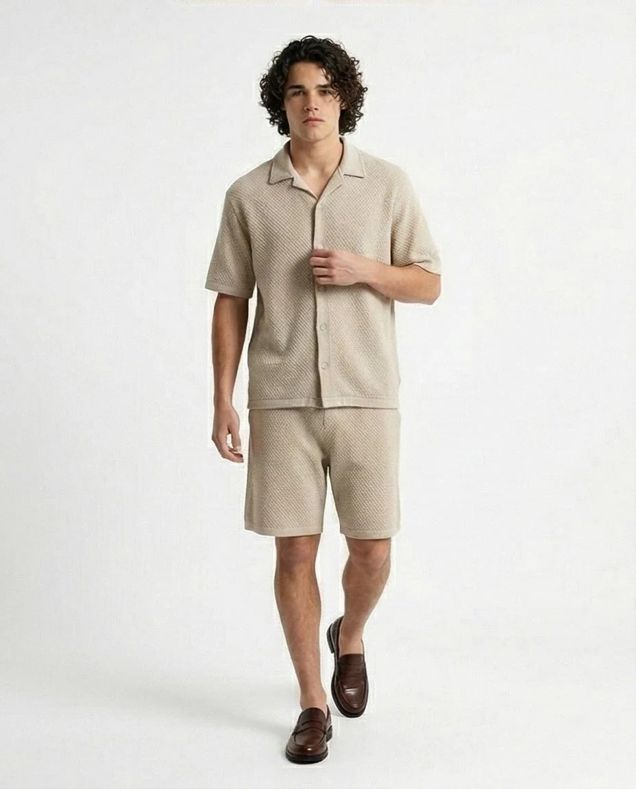 Oatmeal Textured Knit Camp Collar Shirt – Old Money Collection - R217142 - Image 3