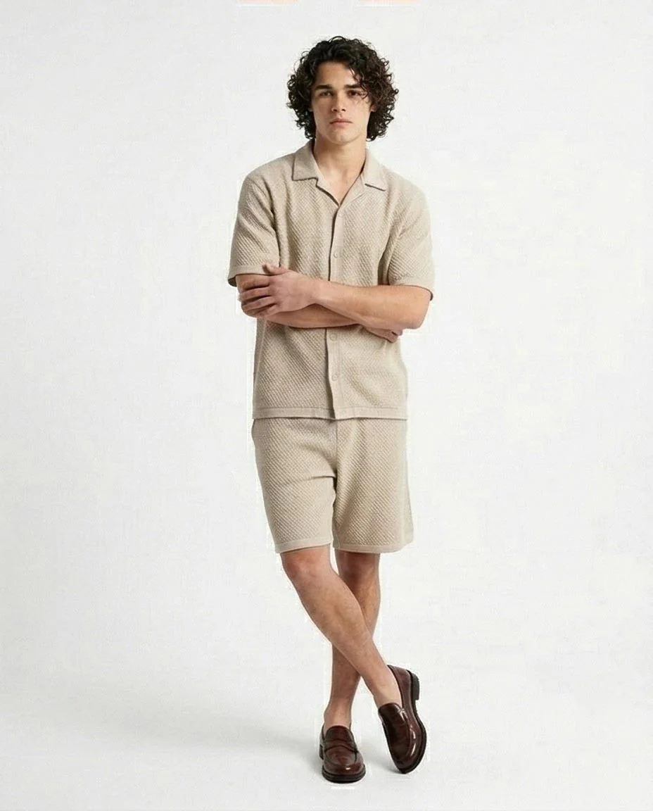 Oatmeal Textured Knit Camp Collar Shirt – Old Money Collection - R217142 - Image 4