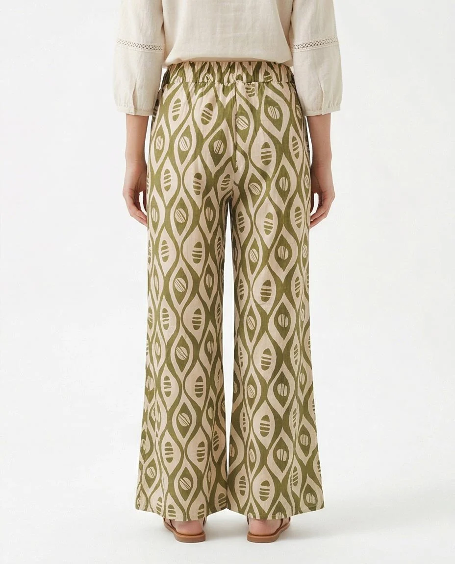 Ravin Olive Geometric Ikat Wide-Leg Trousers – Modern Boho Elastic Waist Pants - R217467 - Image 2