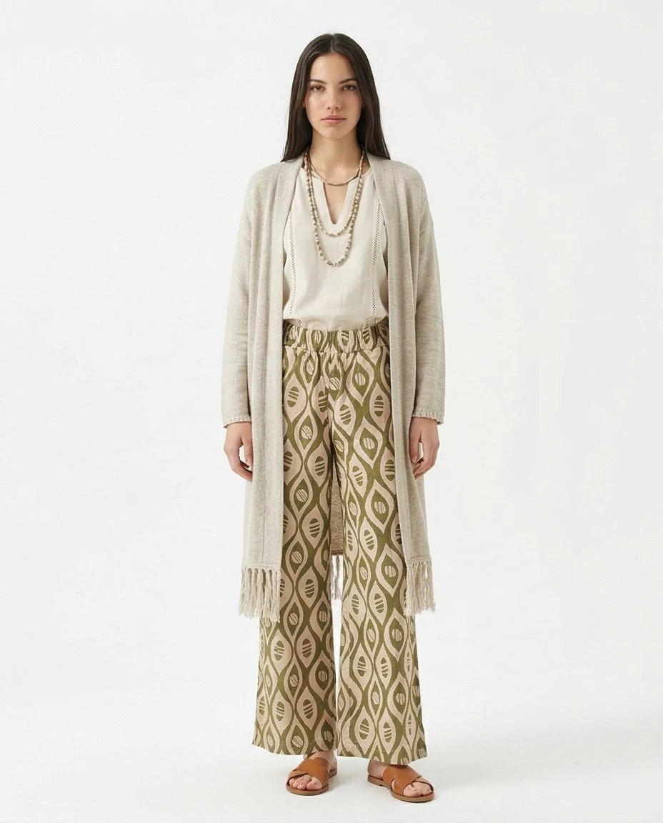 Ravin Olive Geometric Ikat Wide-Leg Trousers – Modern Boho Elastic Waist Pants - R217467 - Image 3
