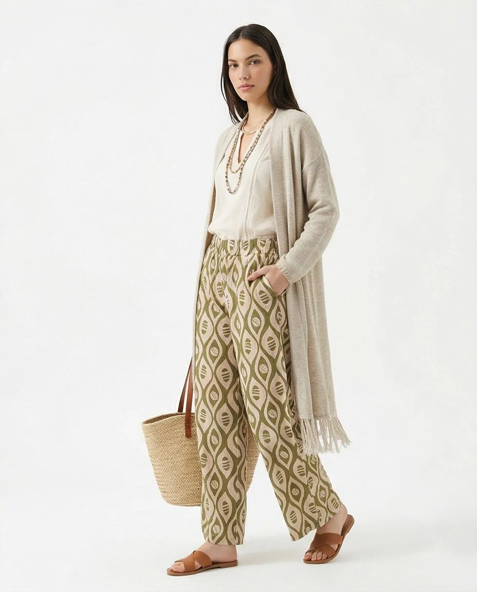 Ravin Olive Geometric Ikat Wide-Leg Trousers – Modern Boho Elastic Waist Pants - R217467 - Image 4