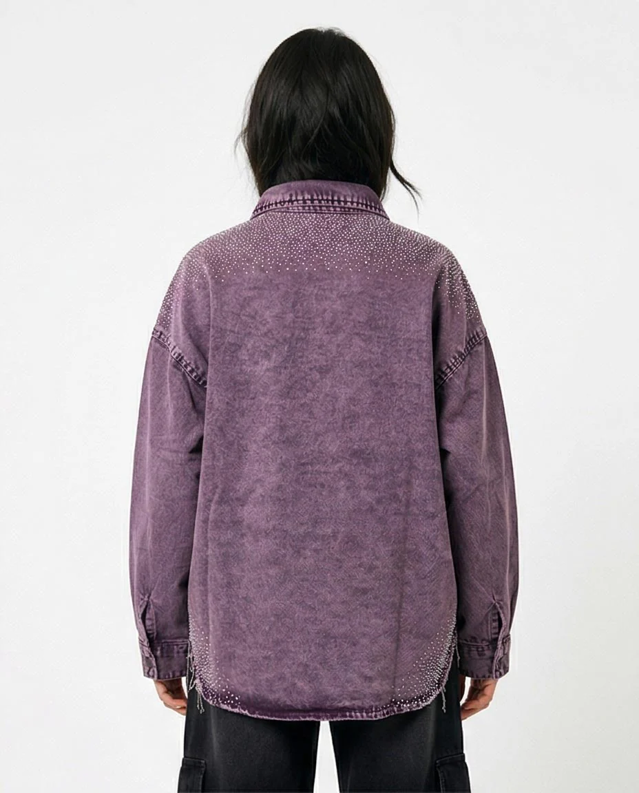 Ravin Oversized Acid-Wash Denim Shacket with Shoulder Diamante Embellishment – Purple - R216817 - Image 2