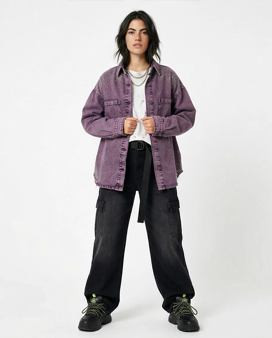 Ravin Oversized Acid-Wash Denim Shacket with Shoulder Diamante Embellishment – Purple - R216817 - Image 3
