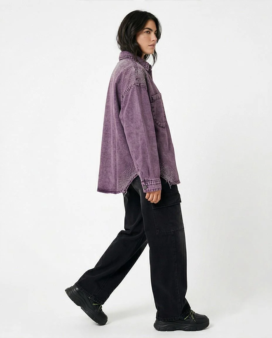 Ravin Oversized Acid-Wash Denim Shacket with Shoulder Diamante Embellishment – Purple - R216817 - Image 4