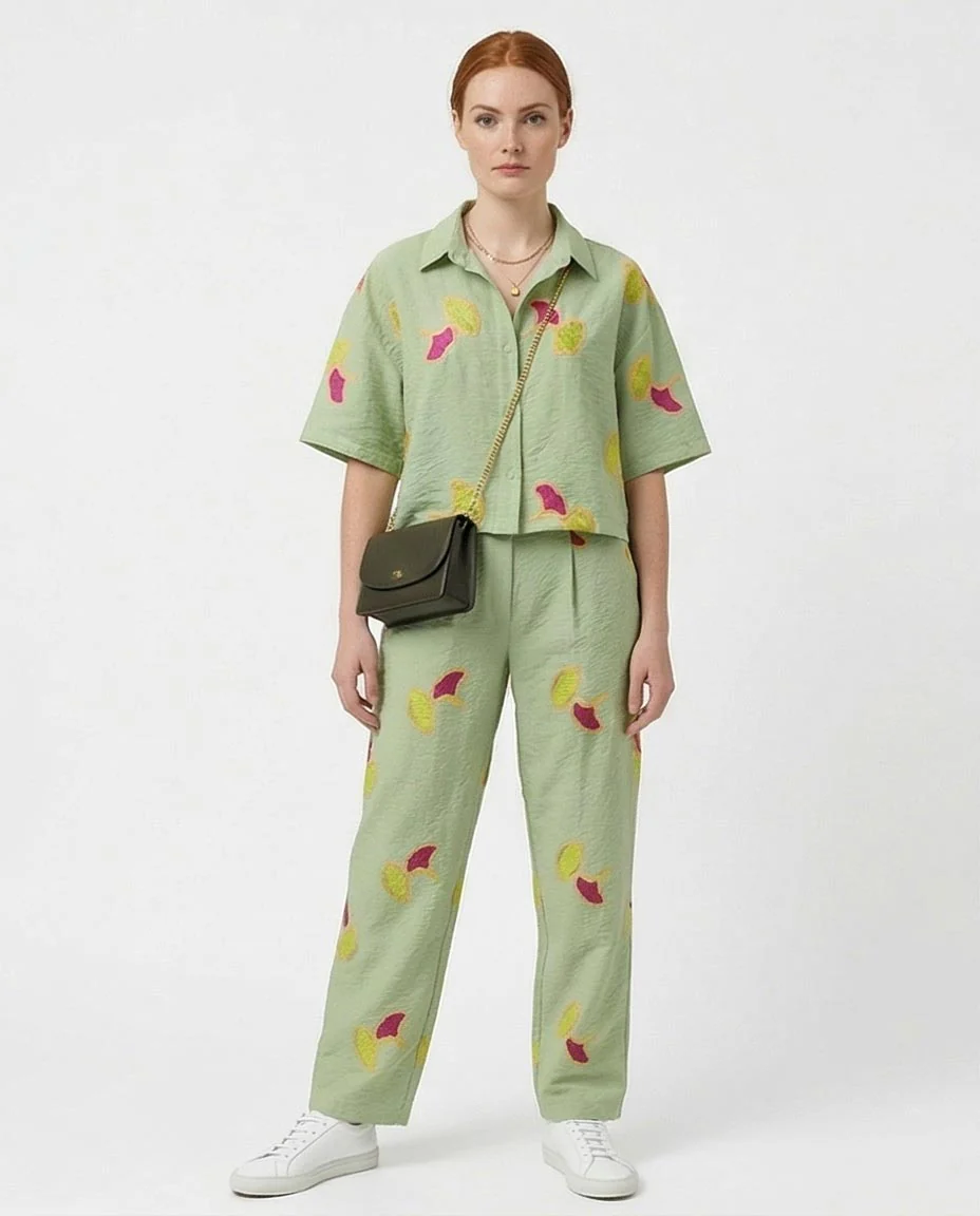 Ravin Embroidered Ginkgo Leaf Linen Pants – Sage Green - R216944 - Image 3