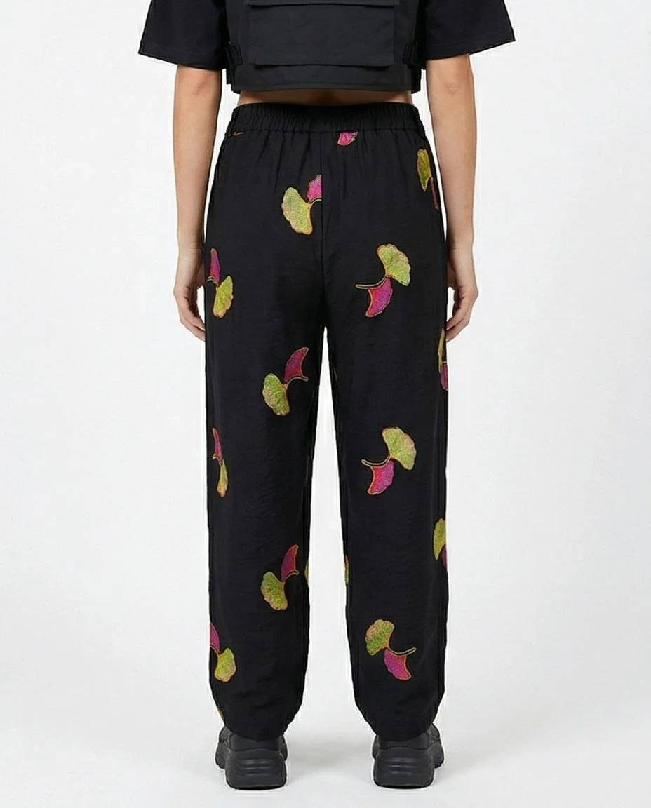 Ravin Embroidered Ginkgo Linen Pleated Trousers – Black - R216946 - Image 2