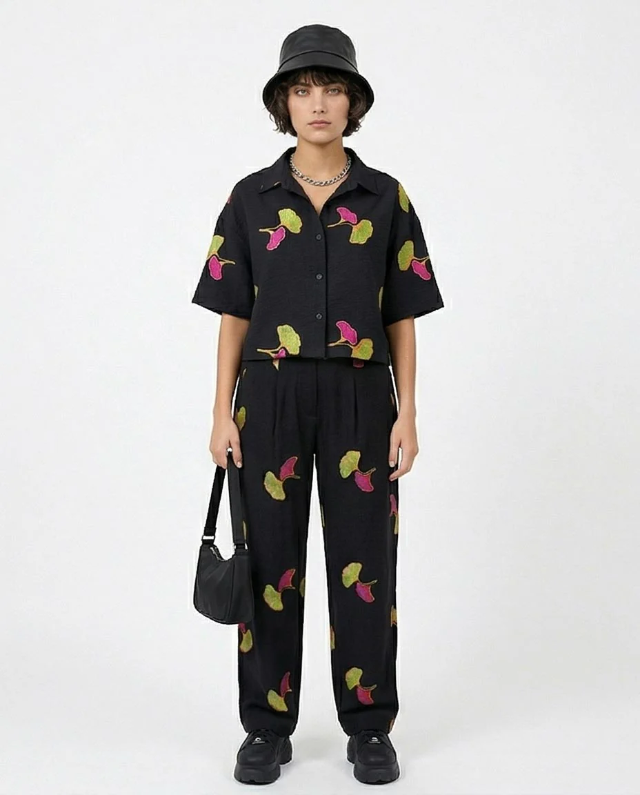 Ravin Embroidered Ginkgo Linen Pleated Trousers – Black - R216946 - Image 3