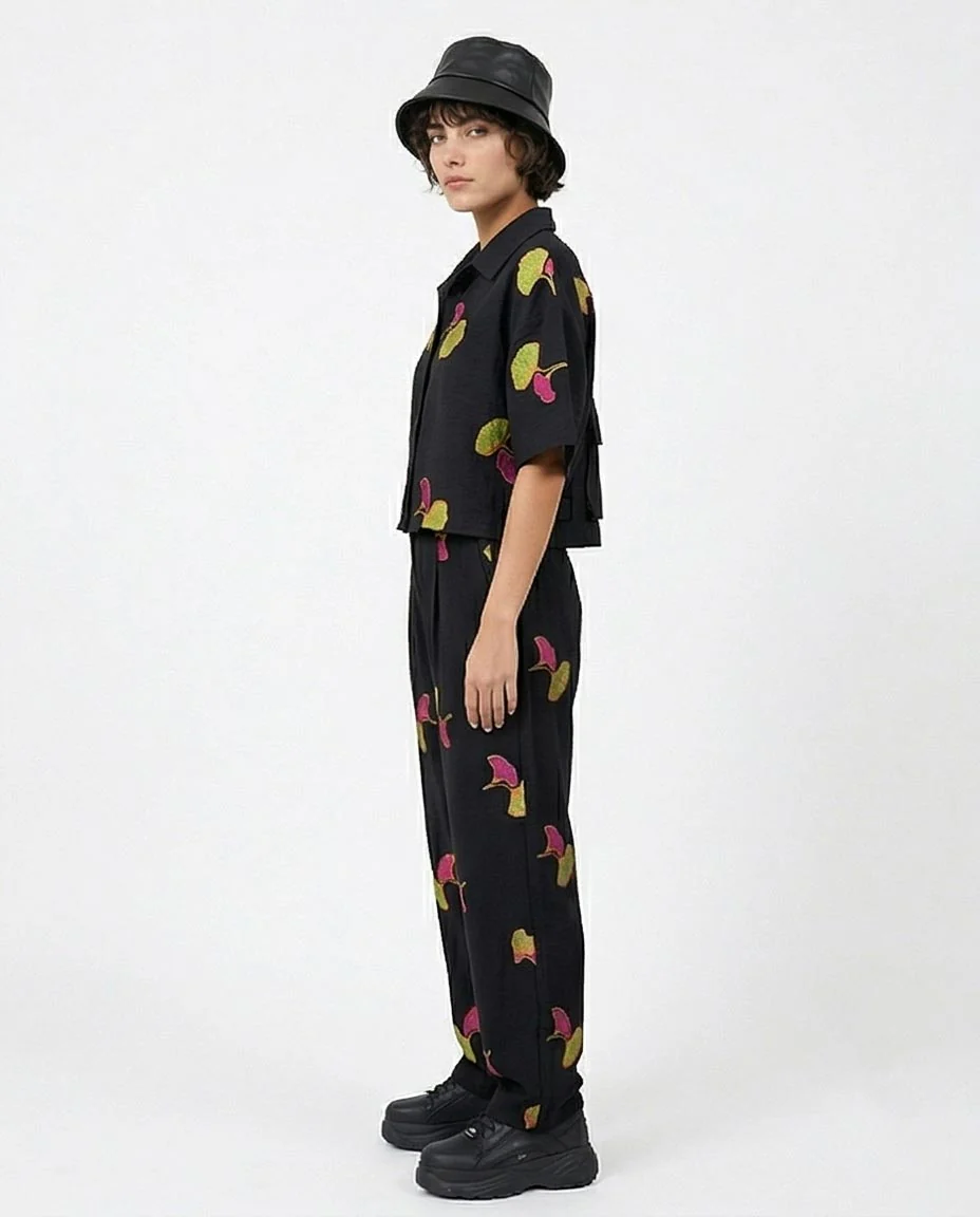 Ravin Embroidered Ginkgo Linen Pleated Trousers – Black - R216946 - Image 4