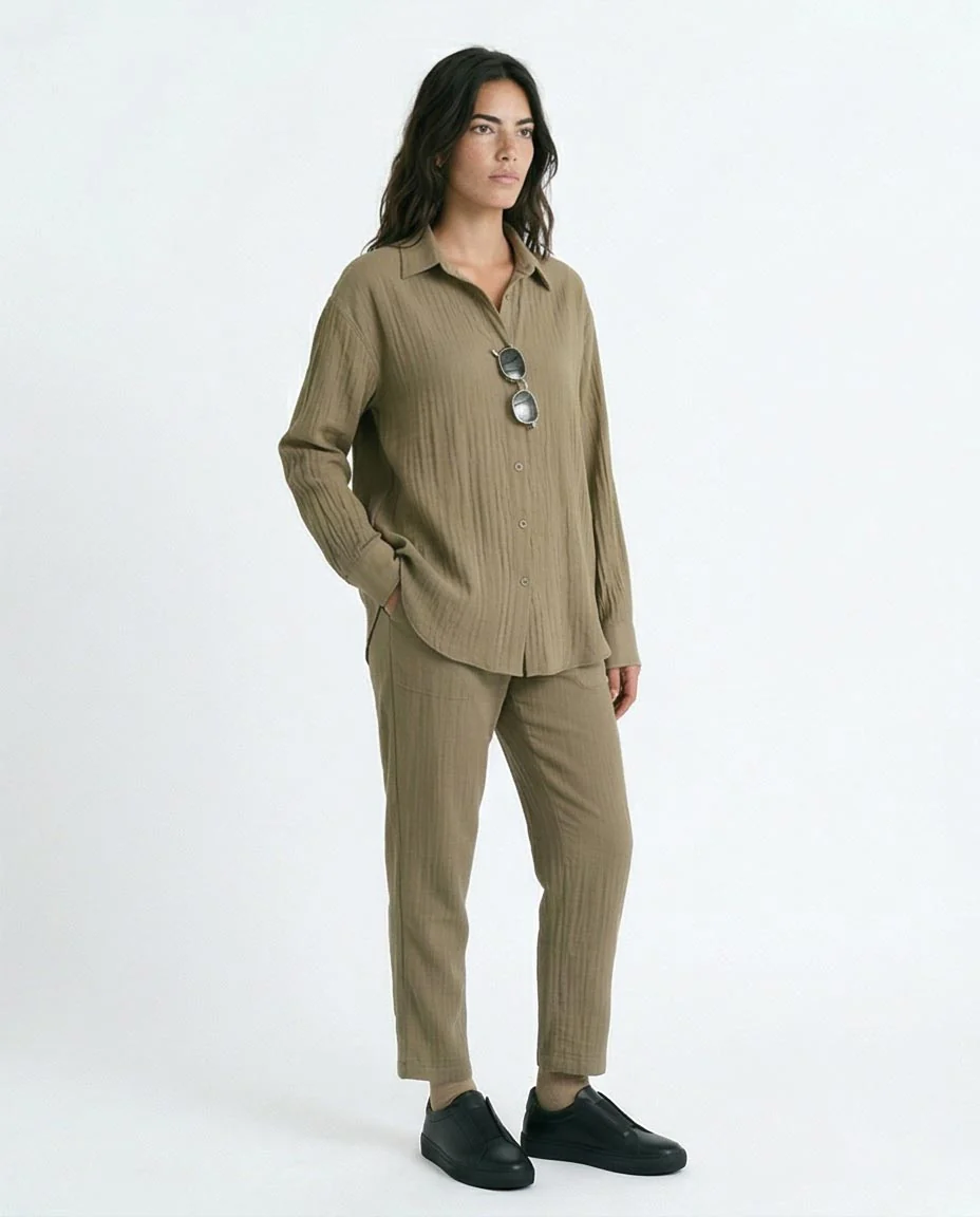 Ravin Elastic Waist Crinkle Plissé Straight-Leg Pants – Olive - R217294 - Image 4