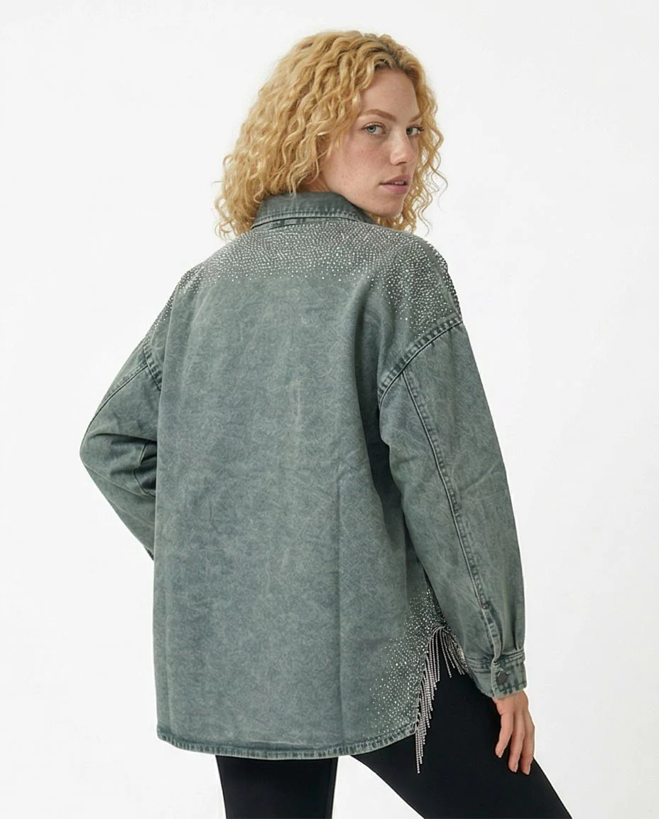 Ravin Rhinestone-Embellished Acid Wash Denim Jacket with Fringe Detail - Olive - R216816 - Image 2