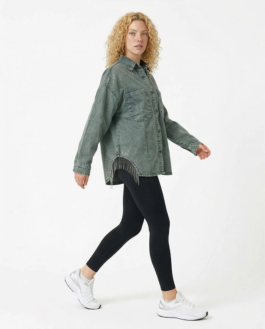 Ravin Rhinestone-Embellished Acid Wash Denim Jacket with Fringe Detail - Olive - R216816 - Image 3