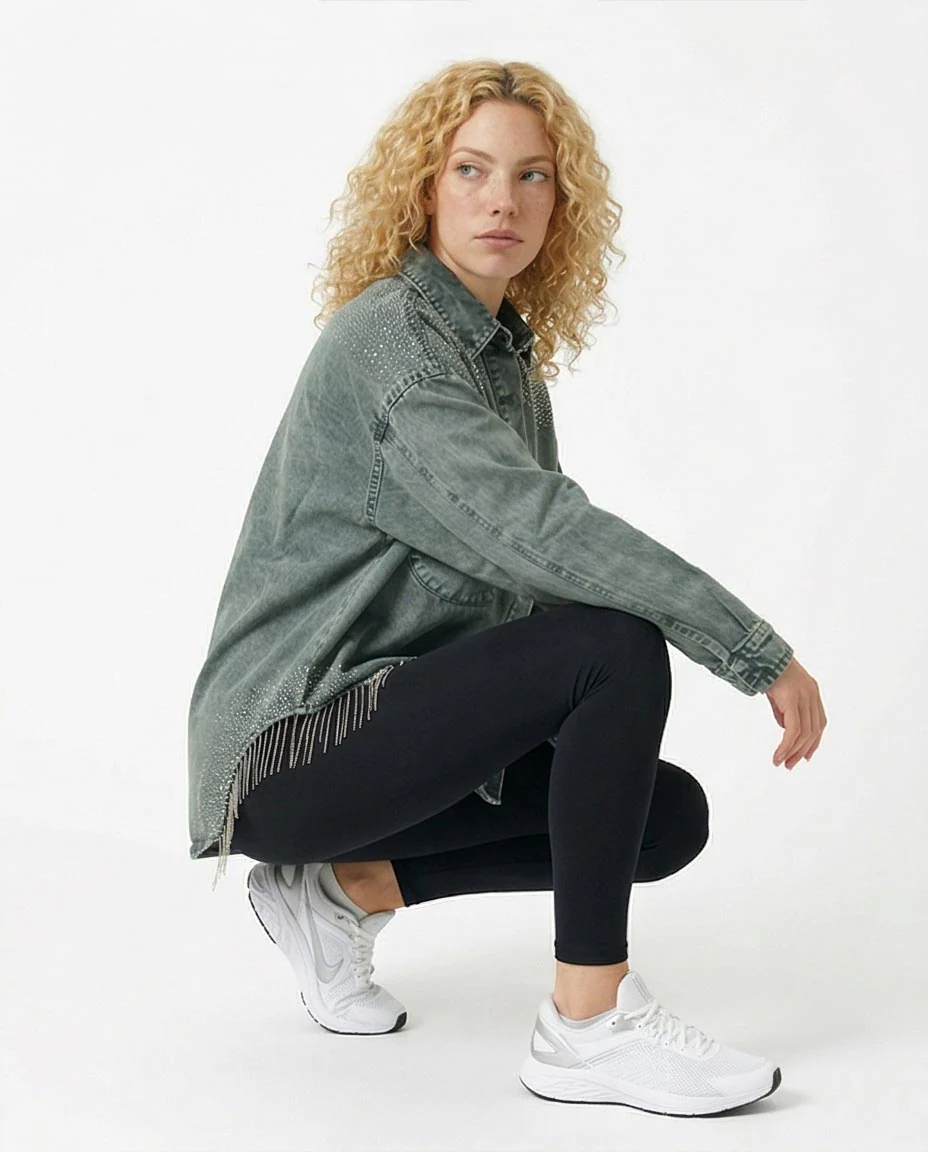 Ravin Rhinestone-Embellished Acid Wash Denim Jacket with Fringe Detail - Olive - R216816 - Image 4