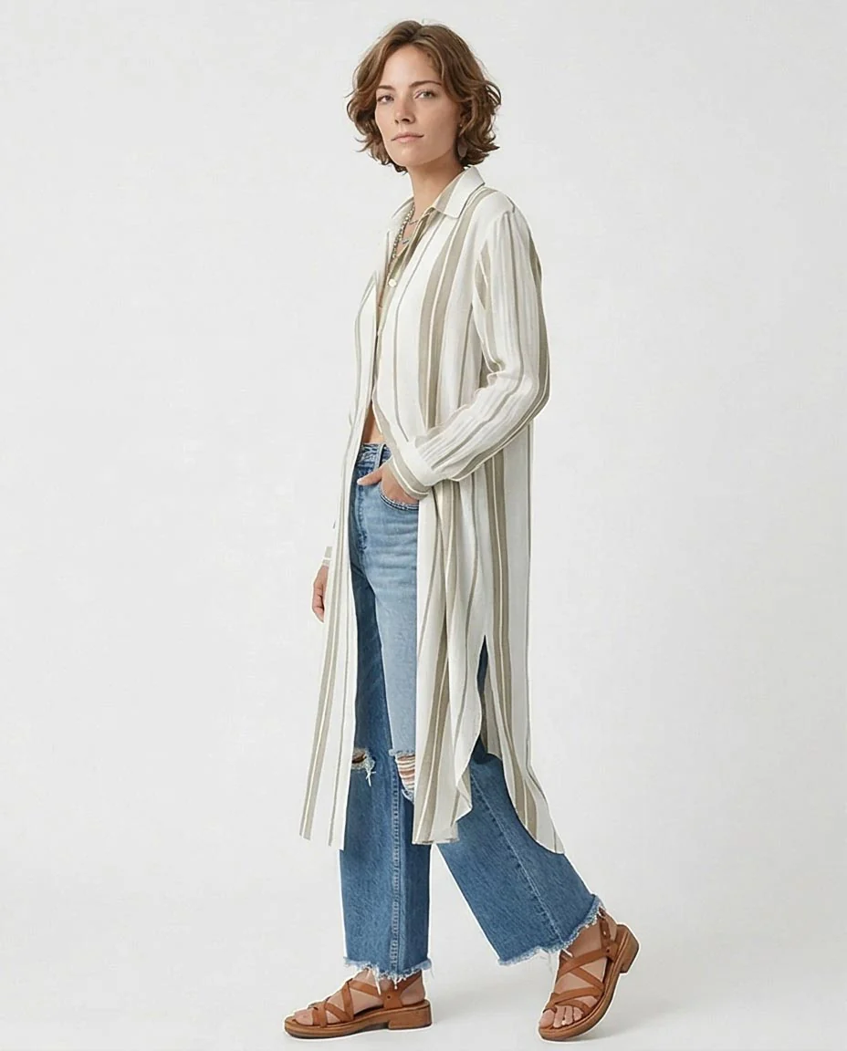 Ravin Women Striped Maxi Tunic Shirt with Deep Side Slits - R217240 - Image 3