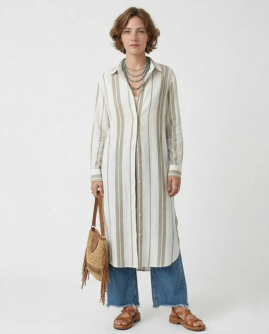 Ravin Women Striped Maxi Tunic Shirt with Deep Side Slits - R217240 - Image 4