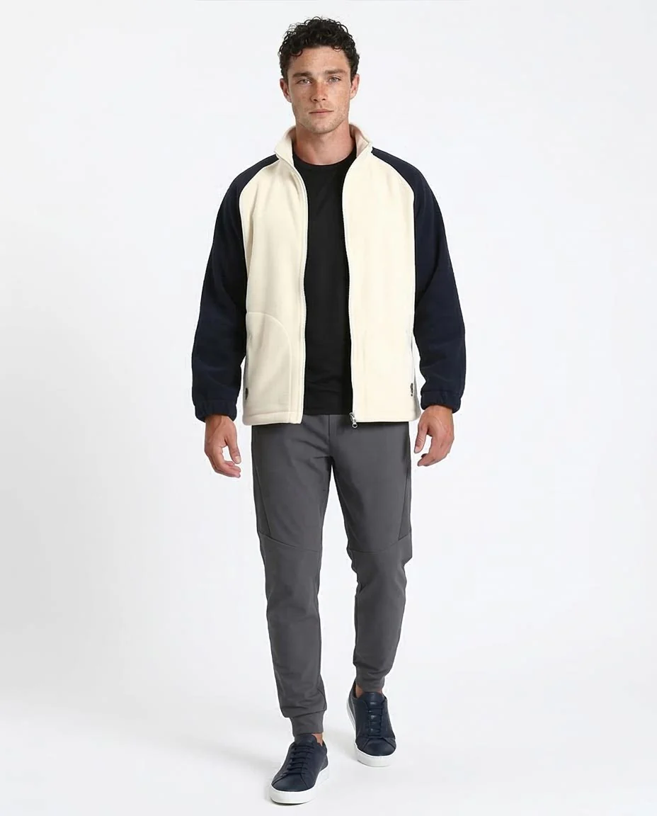 Ravin Two-Tone Raglan Sleeve Polar Fleece Zip-Up Jacket- Off-White & Navy Blue - R214032 - Image 3