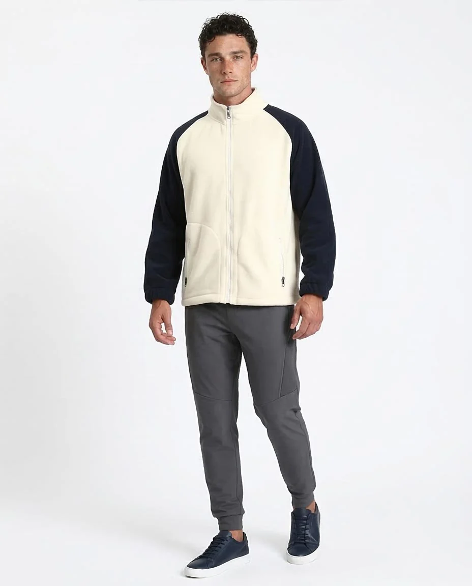 Ravin Two-Tone Raglan Sleeve Polar Fleece Zip-Up Jacket- Off-White & Navy Blue - R214032 - Image 5