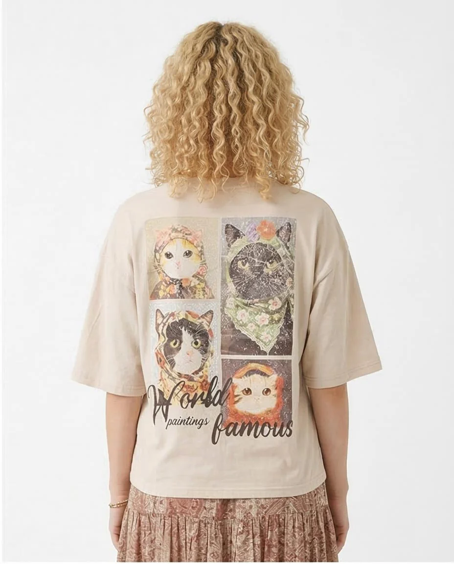R205859 Ravin Unisex Oversized "World Famous Paintings" Cat Graphic T-Shirt – Stone Beige - Image 2