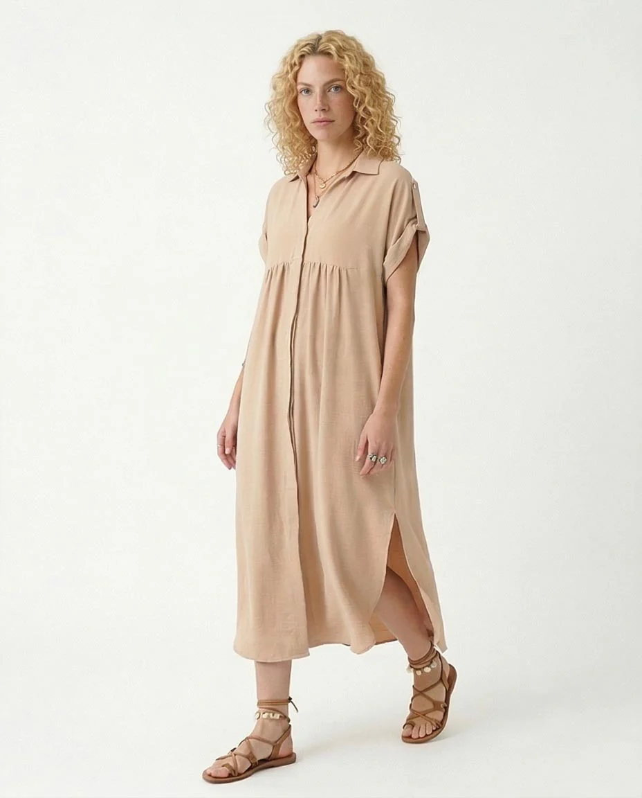 Ravin Women’s Crinkle-Textured V-Neck Midi Shirt Dress – Sand - R209967 - Image 5