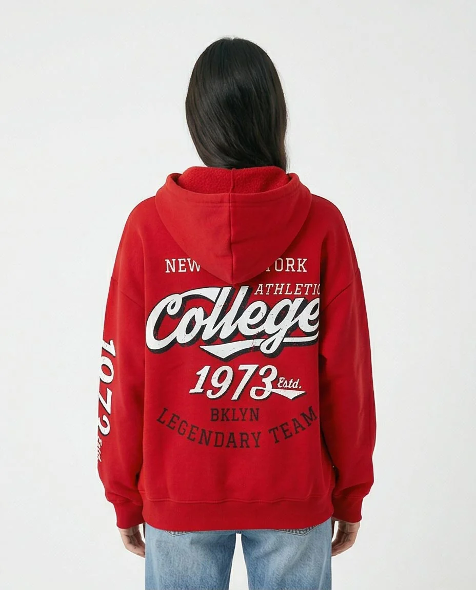 Ravin Women's Oversized Red Collegiate Graphic Hoodie with 1973 Sleeve Print - R206851 - Image 2