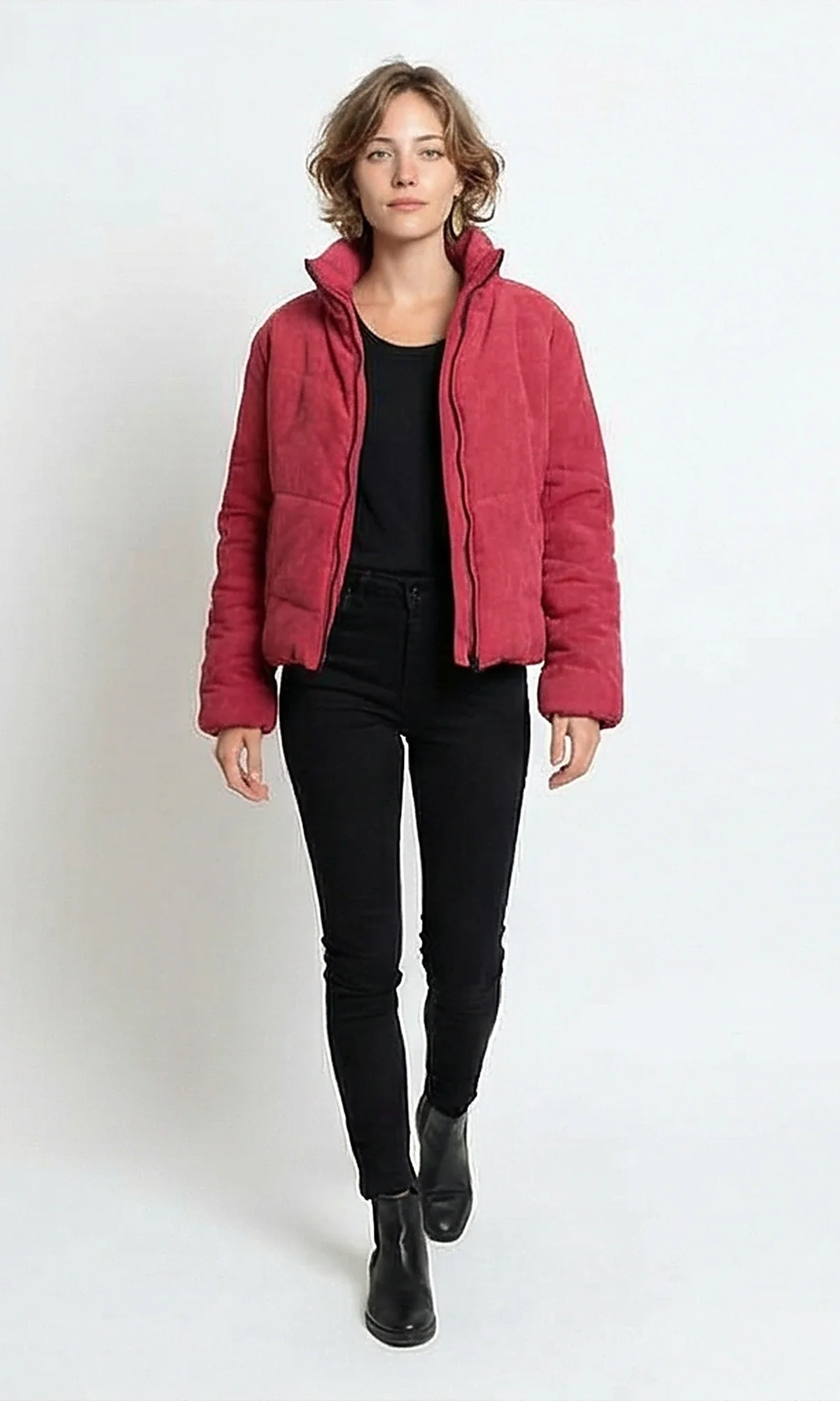 Red Corduroy Stand-Collar Puffer Jacket - Image 4