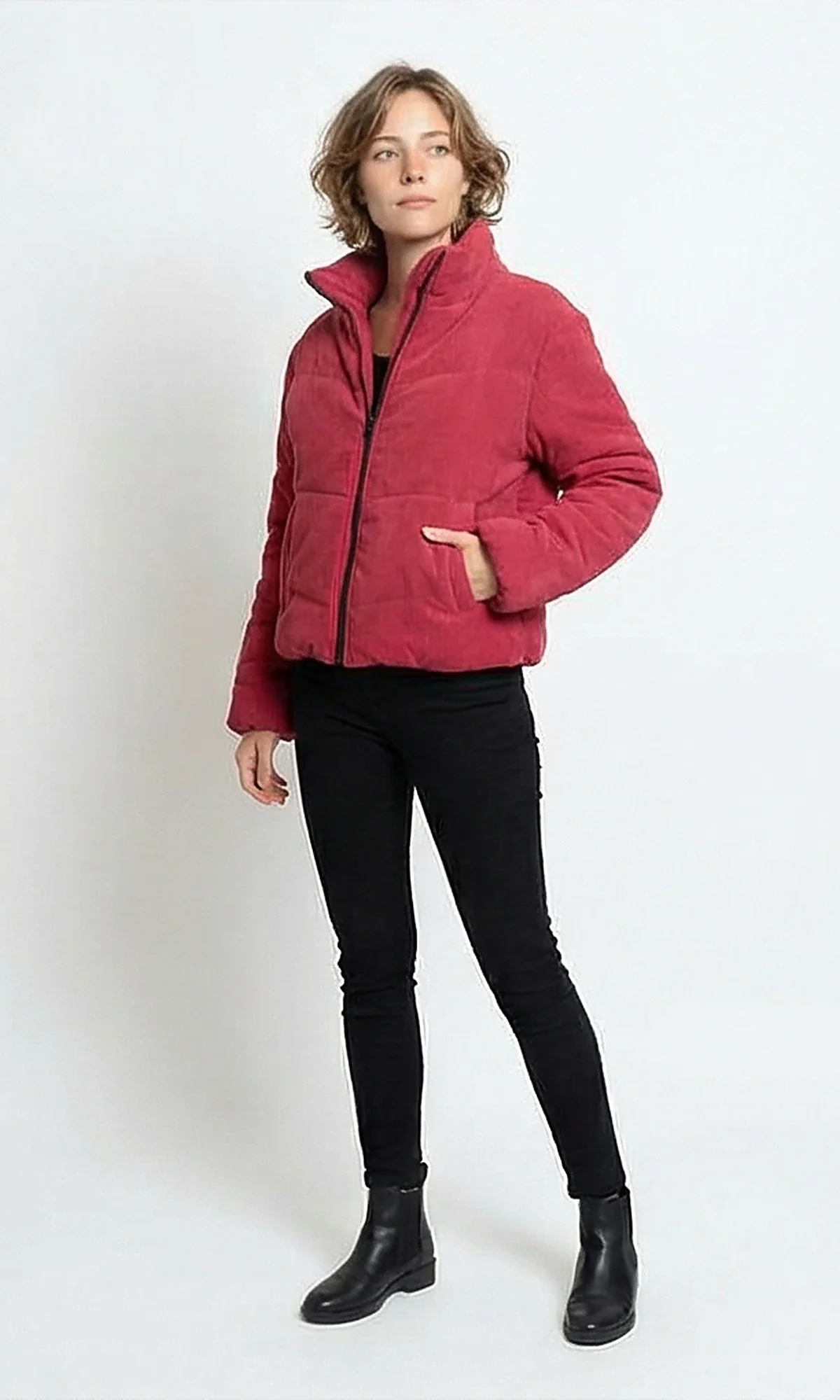Red Corduroy Stand-Collar Puffer Jacket - Image 5