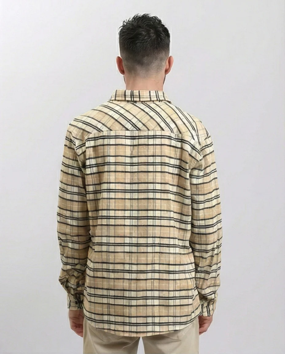 R215012 - Regular Fit Buttoned Plaid Shirt - Beige & Black - Image 2