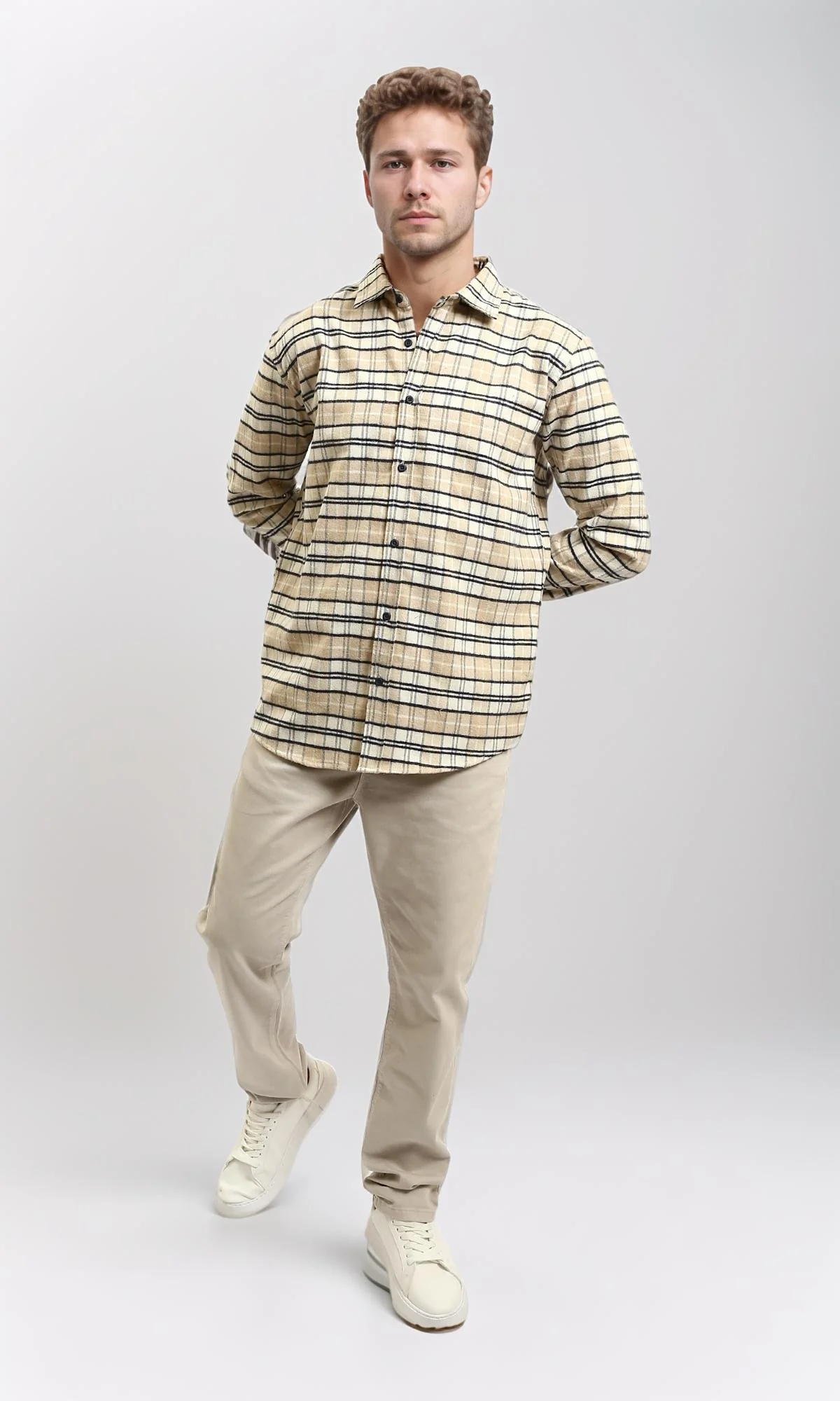R215012 - Regular Fit Buttoned Plaid Shirt - Beige & Black - Image 6