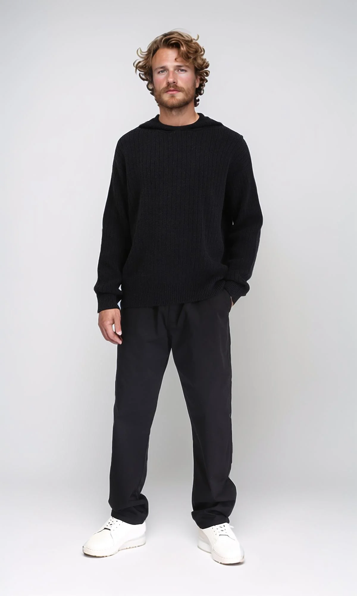 R211367 - Regular Fit Casual Hooded Pullover - Black - Image 4