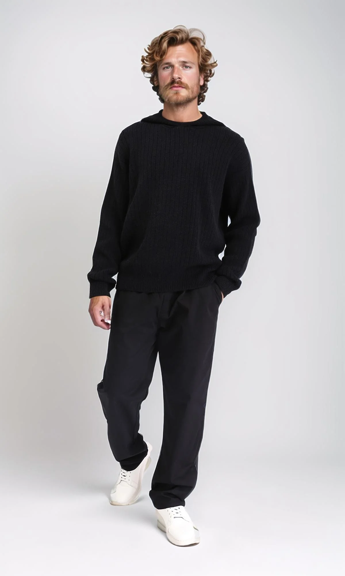R211367 - Regular Fit Casual Hooded Pullover - Black - Image 5