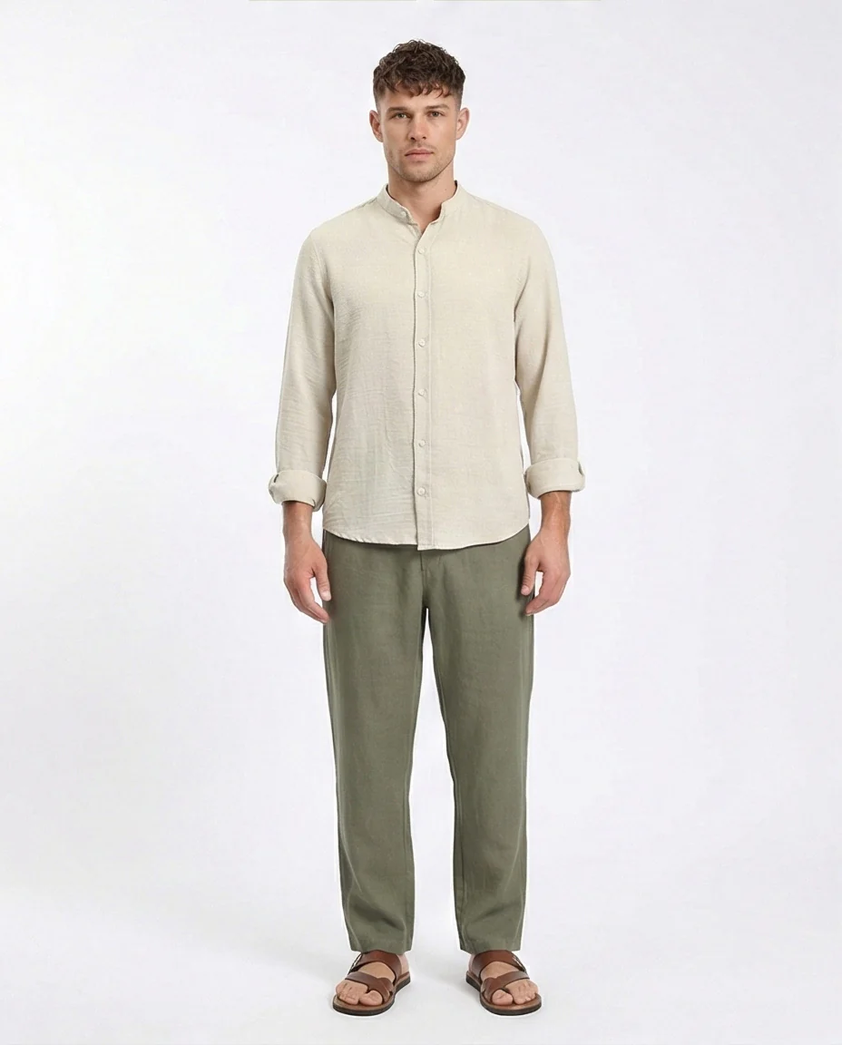 R209100 - Regular Long Sleeves Mandarin Shirt - Ecru - Image 3