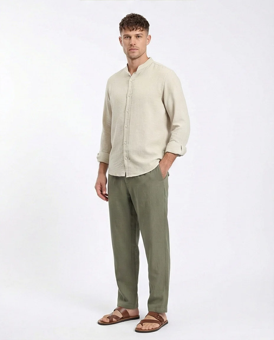 R209100 - Regular Long Sleeves Mandarin Shirt - Ecru - Image 4