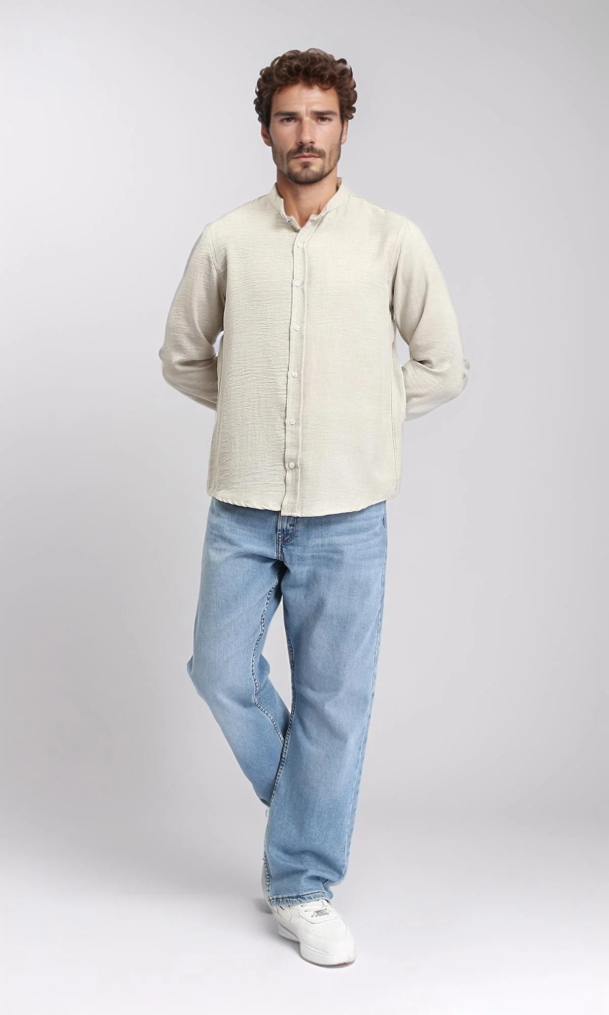 R209100 - Regular Long Sleeves Mandarin Shirt - Ecru - Image 5