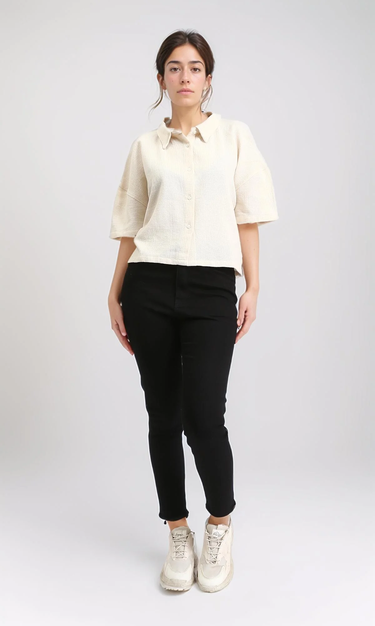 R209432 - Relaxed Elbow Sleeves Short Shirt - Light Yellow - Image 4