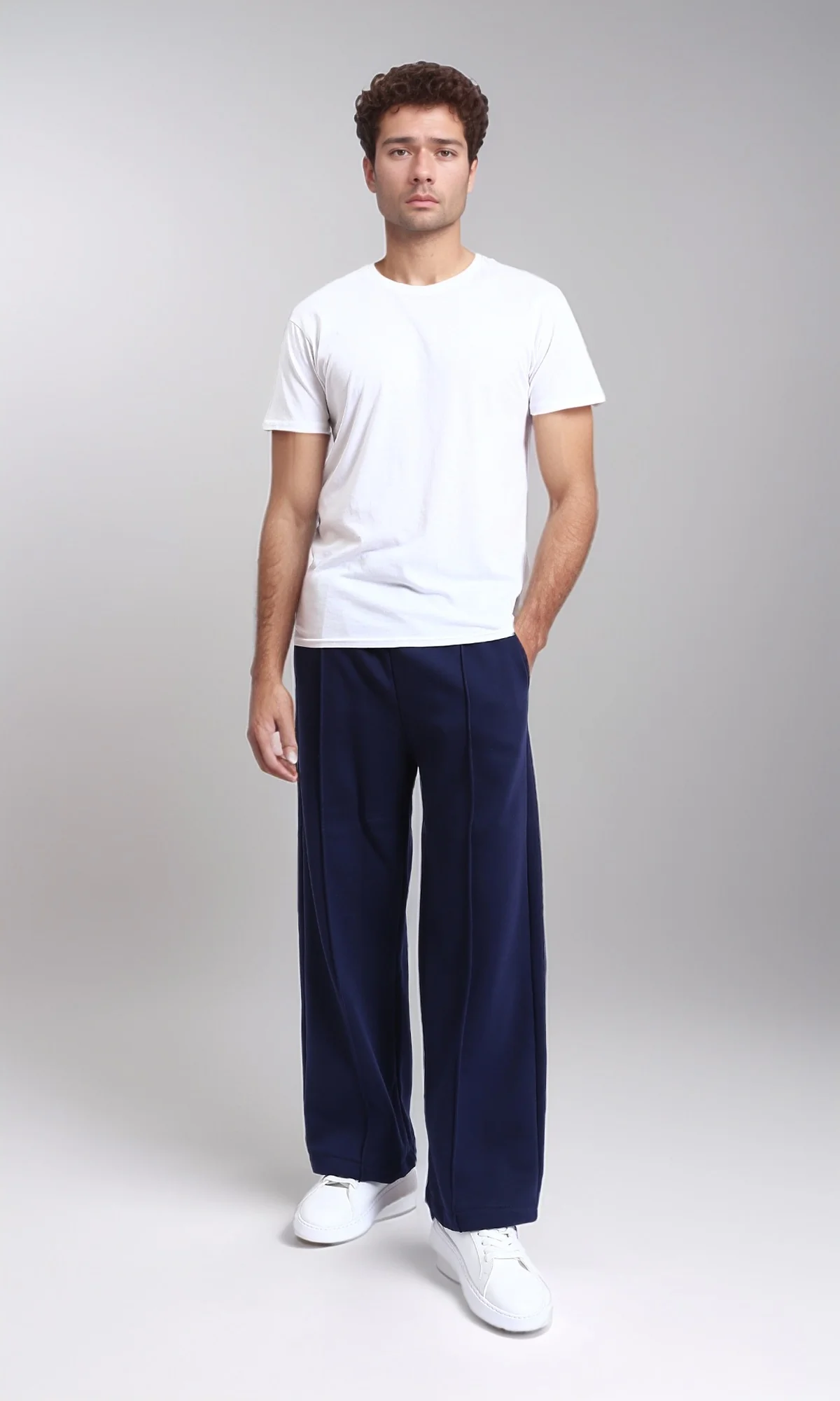 R215216 - Relaxed-Fit Drawstring Pants with Front Seams - Navy Blue - Image 3