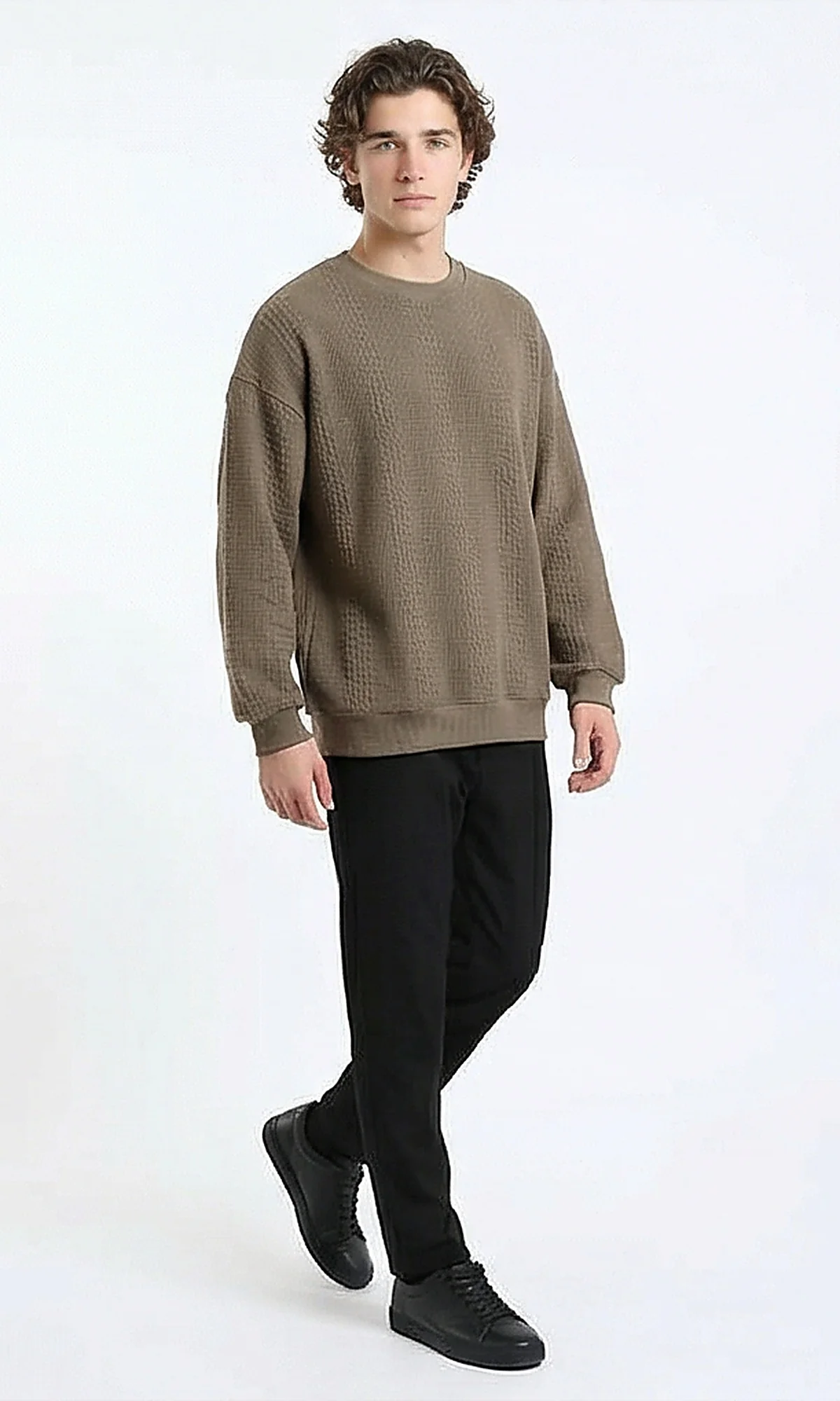 R215242 - Relaxed Fit Textured Sweatshirt with Hem - Dark Coffee - Image 3