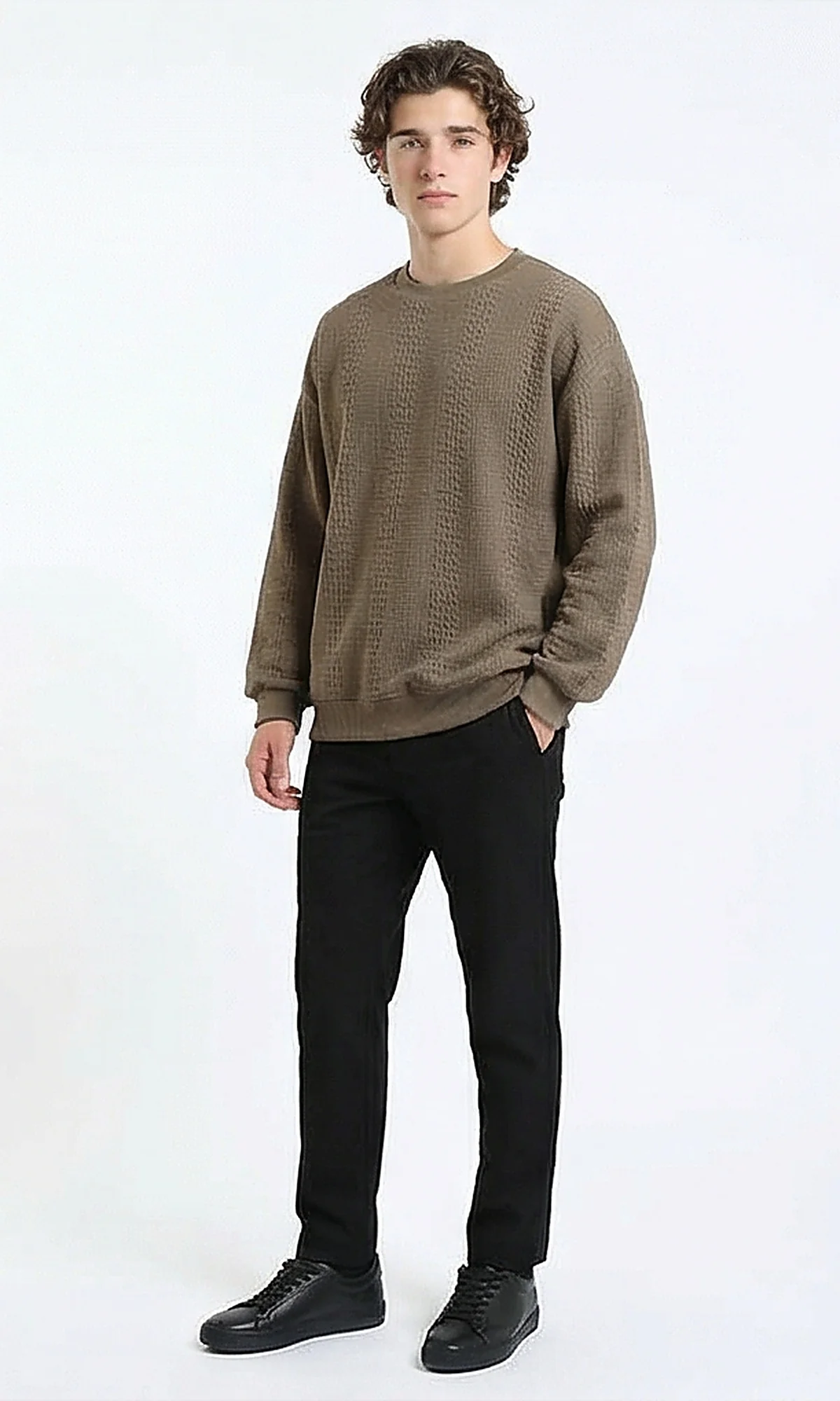 R215242 - Relaxed Fit Textured Sweatshirt with Hem - Dark Coffee - Image 4