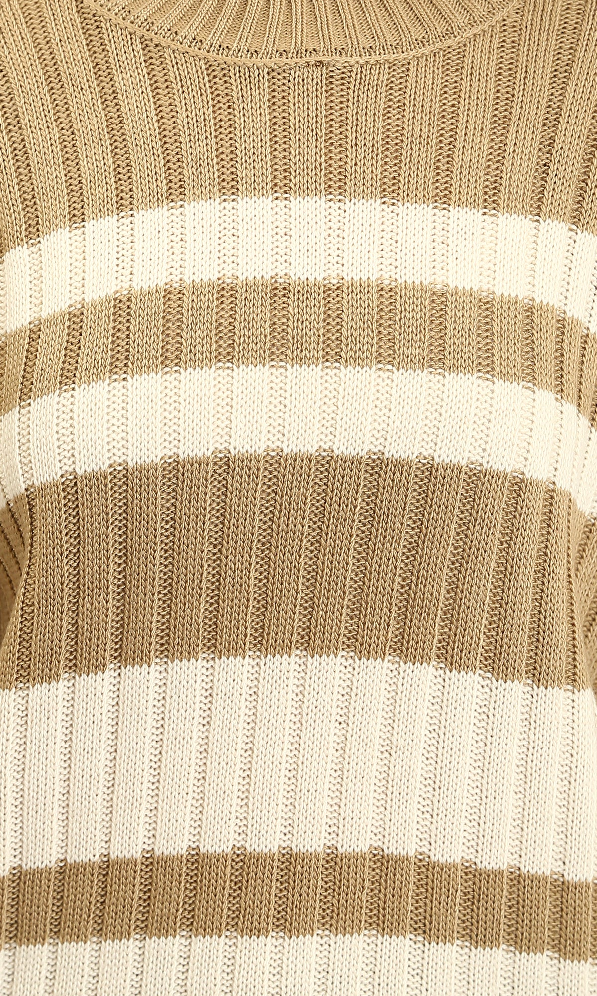 R215286 - Ribbed Crew Neck Striped Pullover - Light Brown & White - Image 3