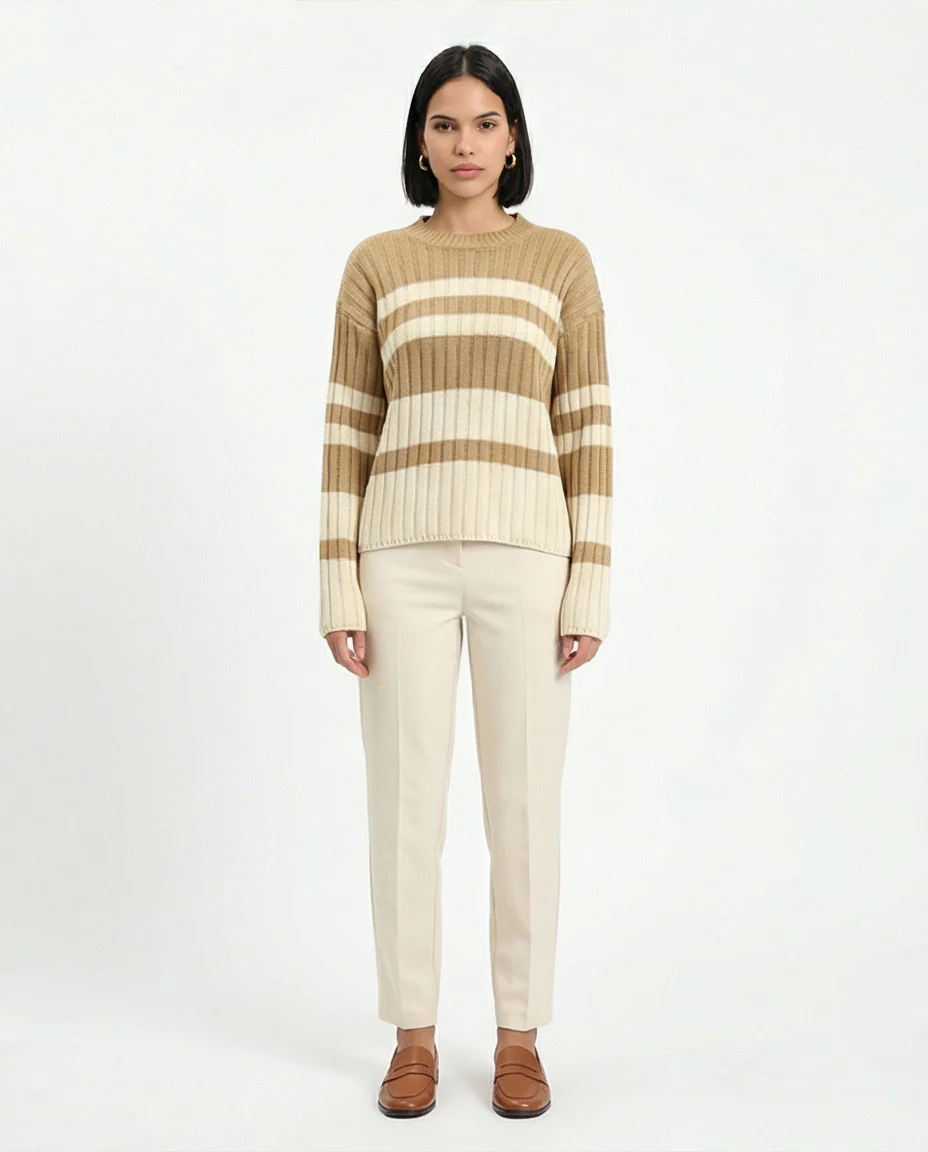 R215286 - Ribbed Crew Neck Striped Pullover - Light Brown & White - Image 4