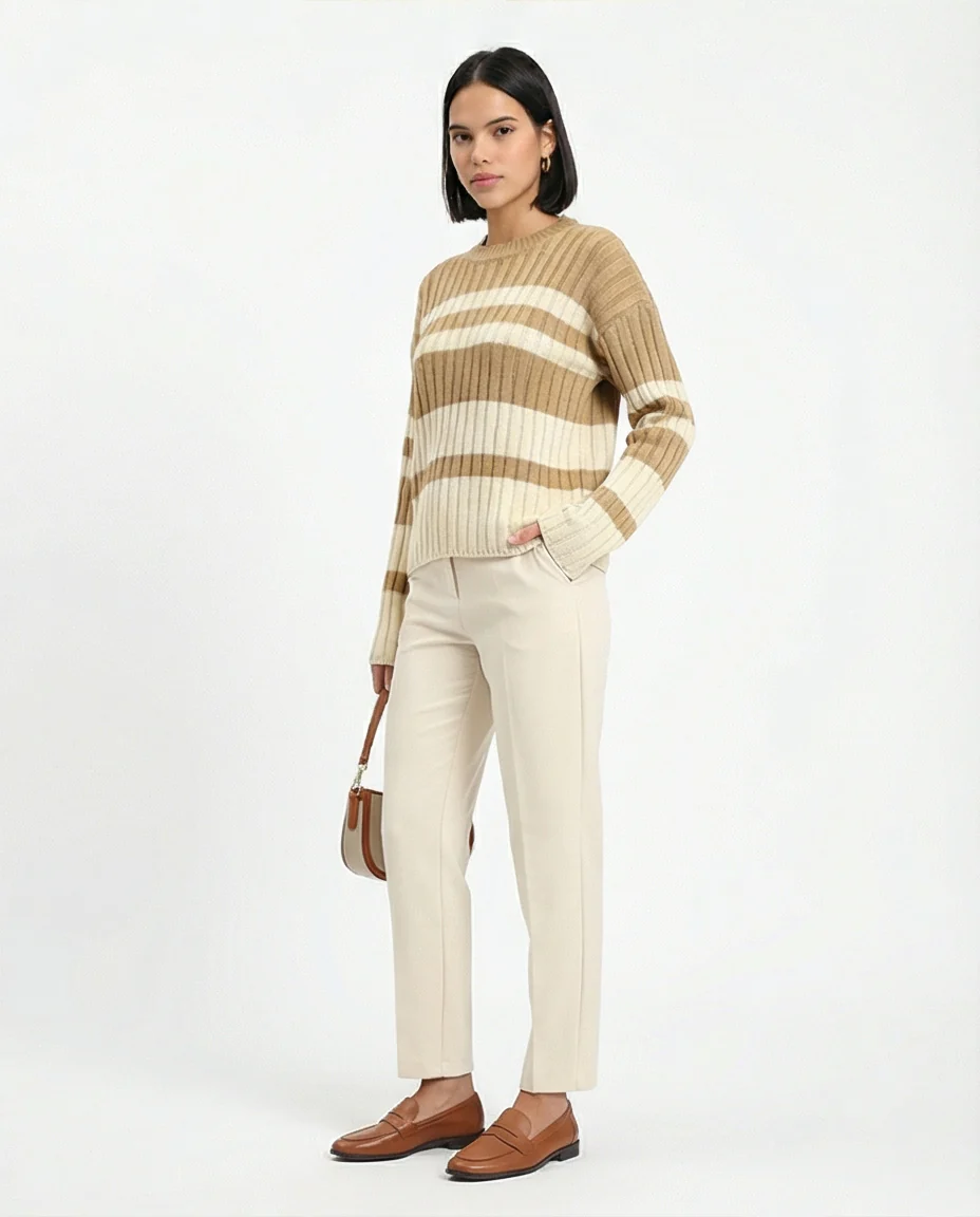 R215286 - Ribbed Crew Neck Striped Pullover - Light Brown & White - Image 5