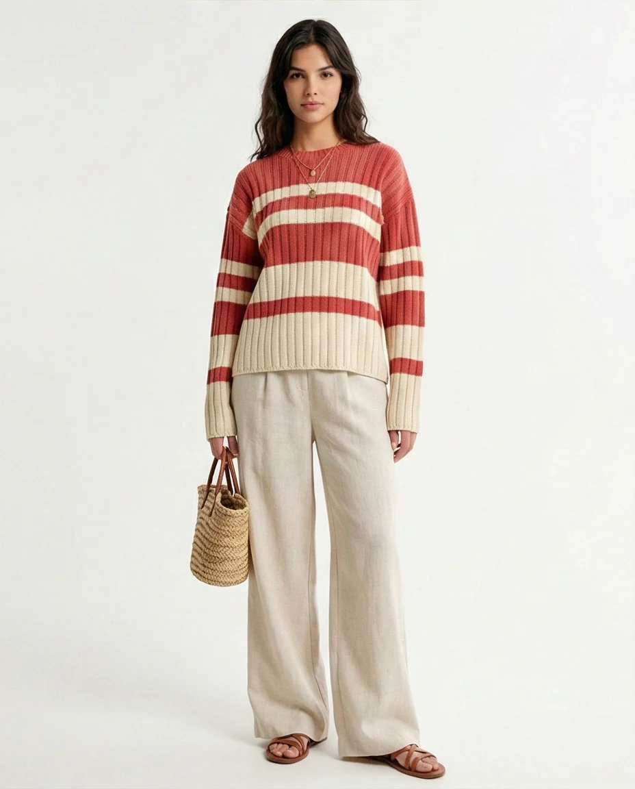 Ribbed Crew Neck Striped Pullover - Watermelon & White - R215287 - Image 3