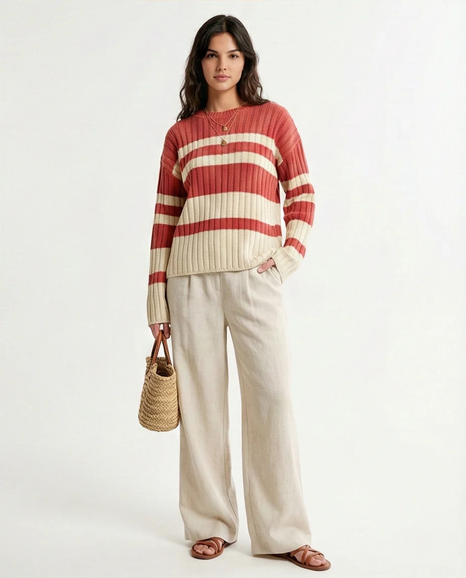 Ribbed Crew Neck Striped Pullover - Watermelon & White - R215287 - Image 4
