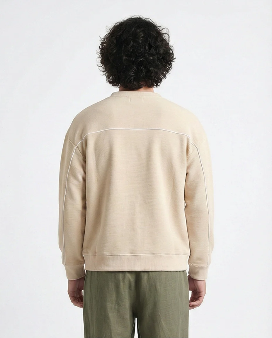 R215076 - Ribbed Diagonal Crew Neck Sweatshirt - Beige - Image 2
