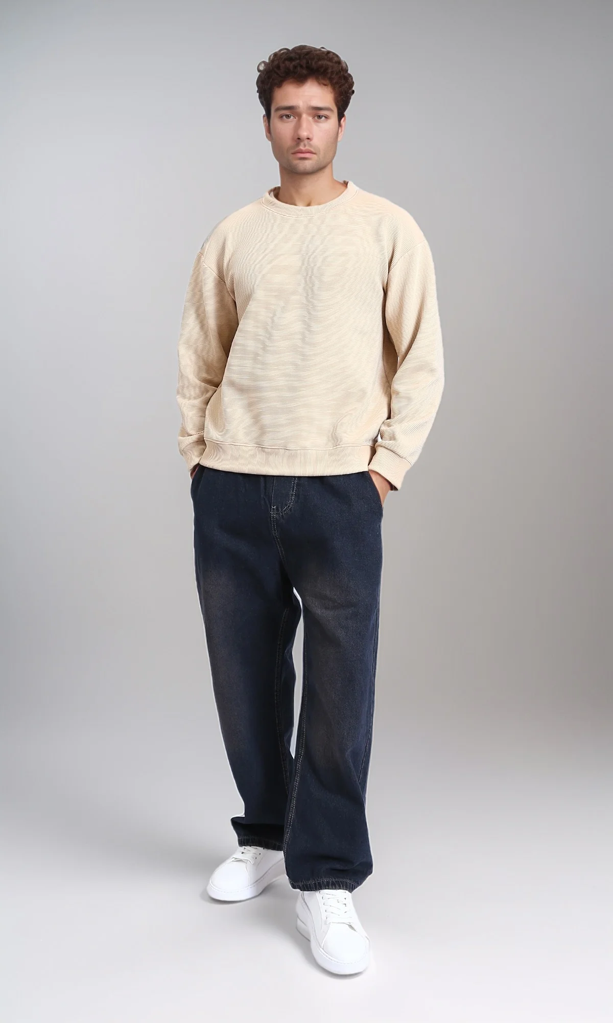 R215076 - Ribbed Diagonal Crew Neck Sweatshirt - Beige - Image 5