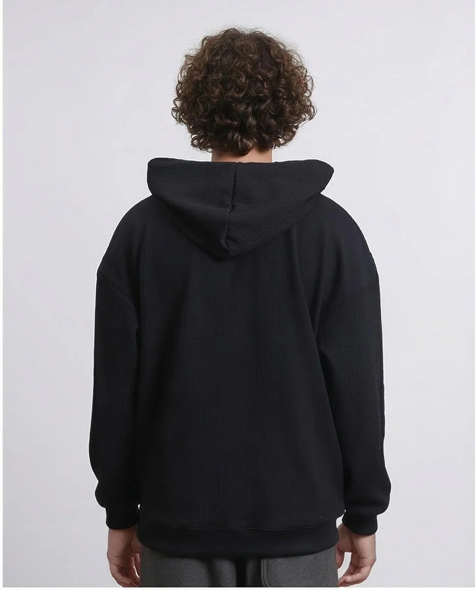 R215236 - Ribbed Hoodie with Kangaroo Pocket - Black - Image 2