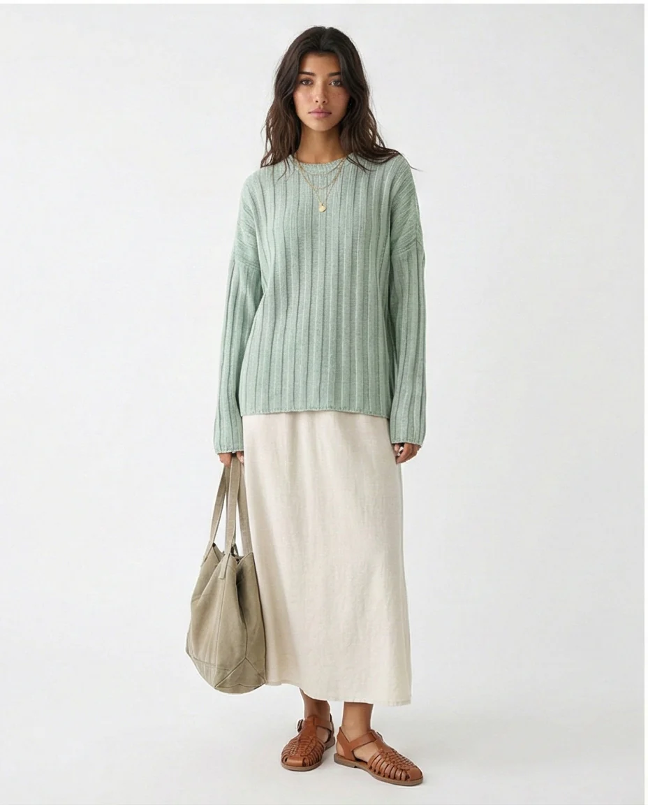R214918 - Ribbed Knit Relaxed Fit Pullover - Light Mint - Image 4