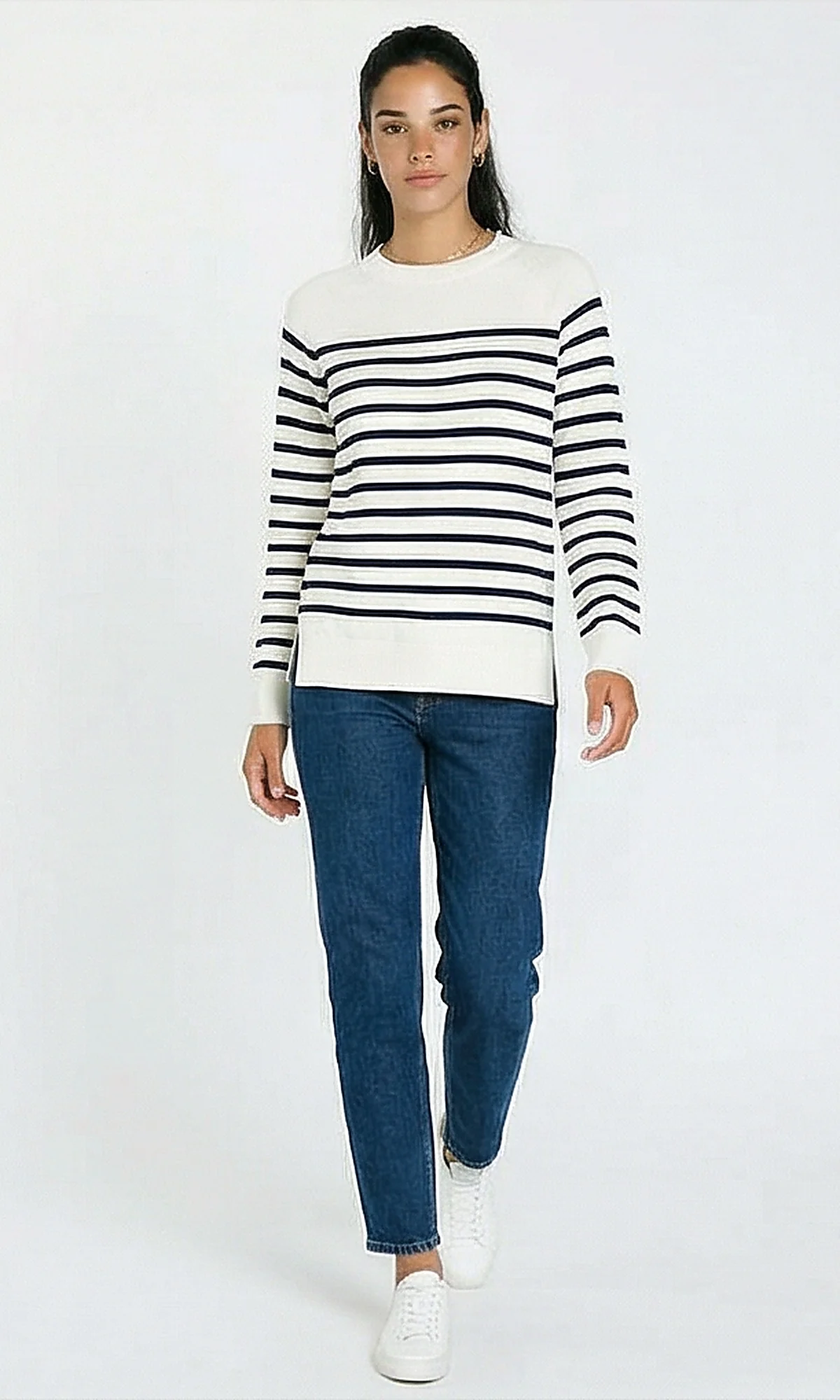 R214322 - Ribbed Mock Neck Striped Long Pullover - Off-White & Black - Image 3
