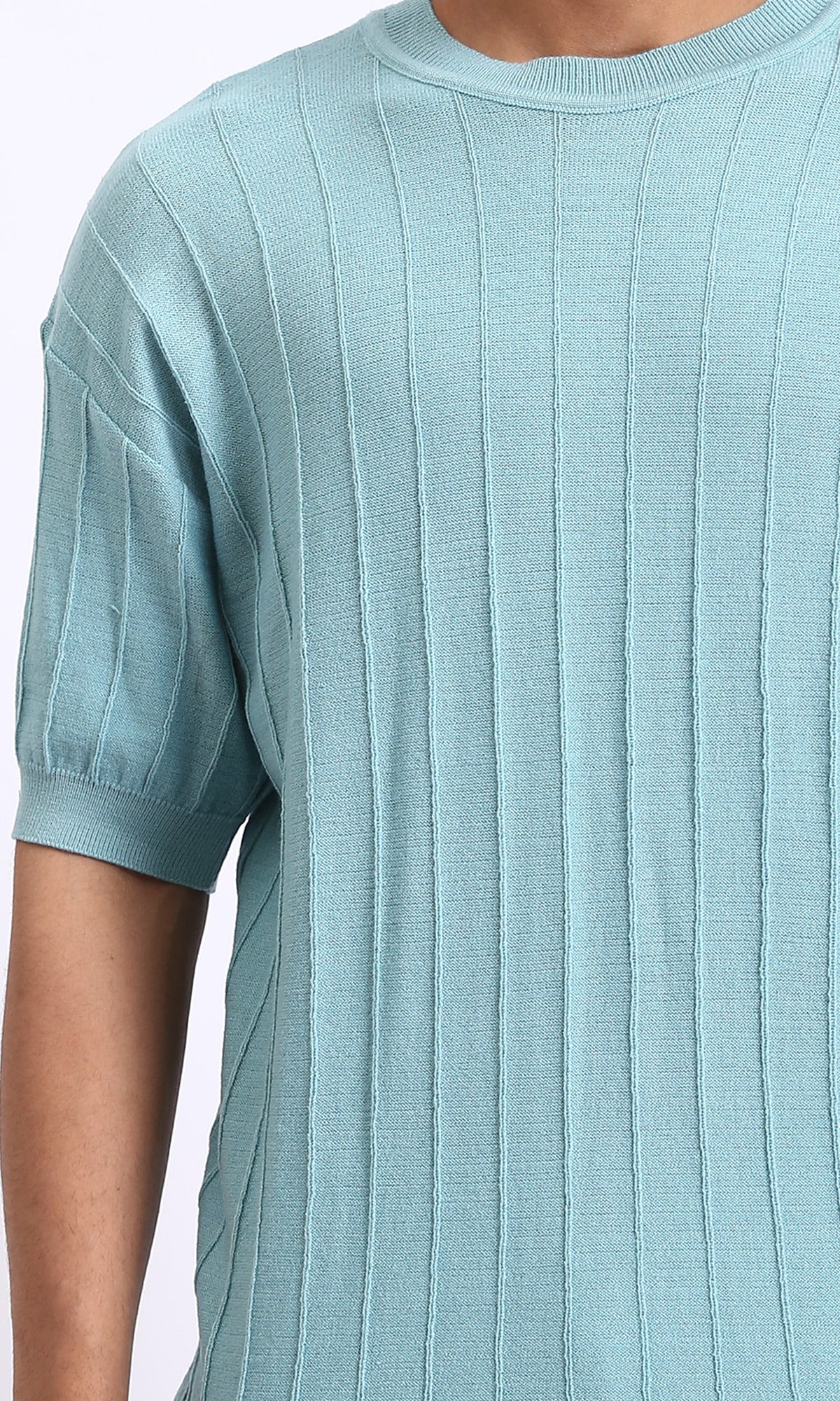 R206981 - Ribbed Round Neck Regular Tee - Light Sky Blue - Image 3