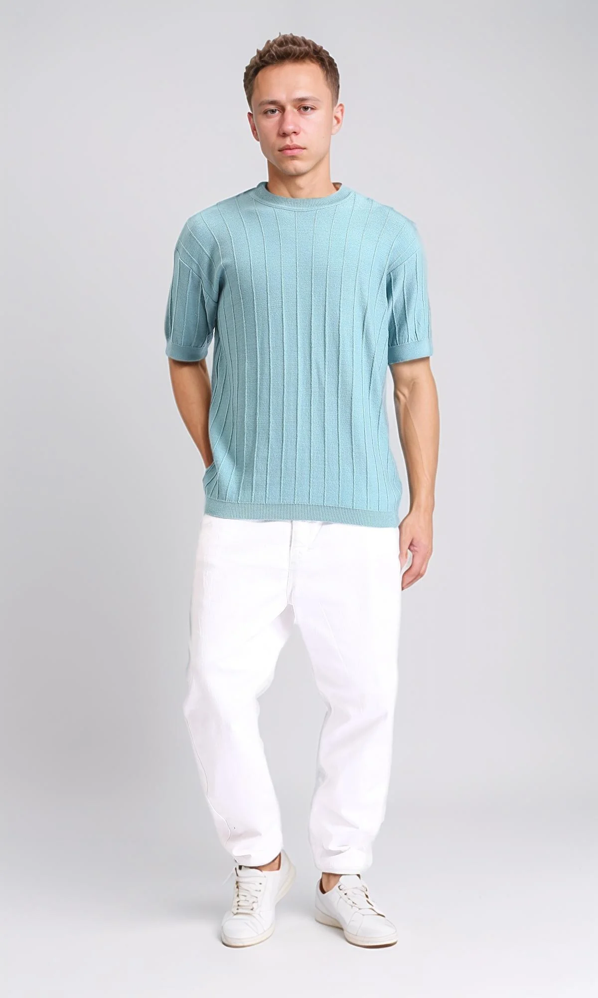 R206981 - Ribbed Round Neck Regular Tee - Light Sky Blue - Image 4